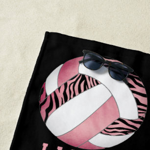 Serviette De Plage zèbre rayures rose girly personnalisée volleyball