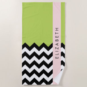 Serviette De Plage Zigzag noir et blanc, Chevron, Vert, Votre nom