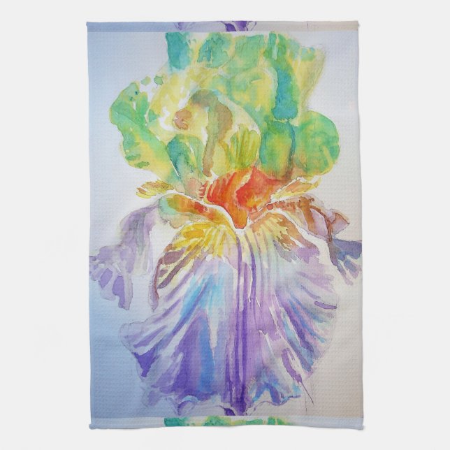 Serviette de thé à l'aquarelle Iris violet (Vertical)