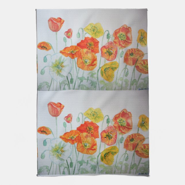 Serviette de thé à l'aquarelle orange Shabby Poppy (Vertical)