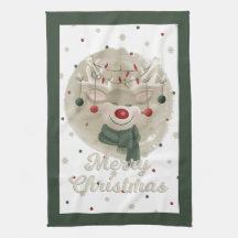 Serviette de thé de renne de Noël adorable - Vert