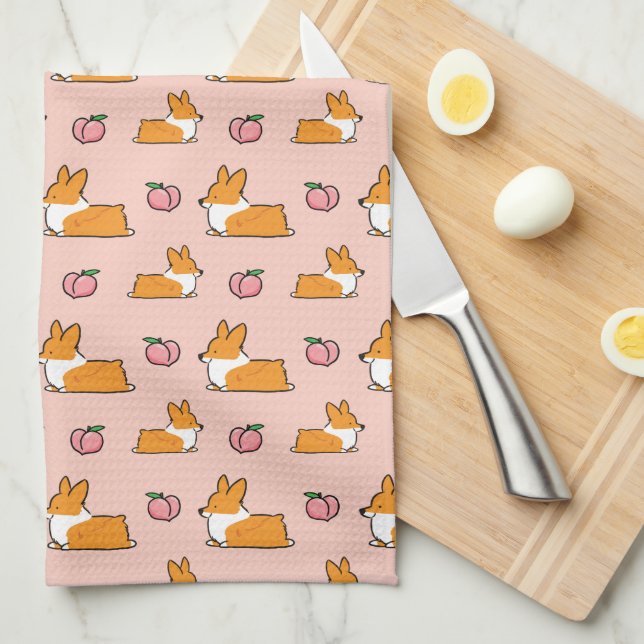 Serviette de thé de Sploot de pêche de corgi (Quart Plié)