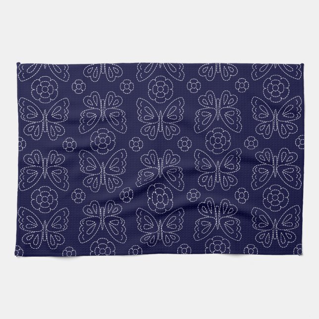 Serviette de thé japonaise de Sashiko de papillon (Horizontal)