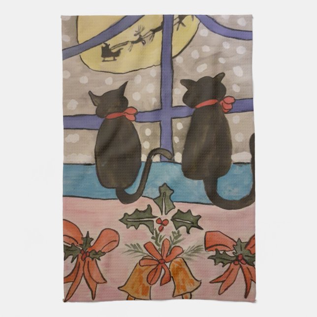 Serviette de thé Noir Chat Noël (Vertical)