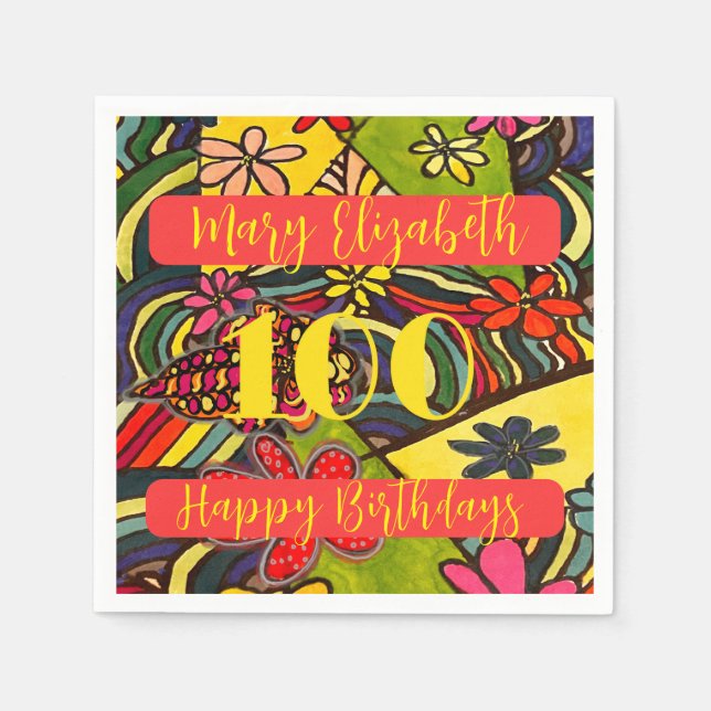 Serviette En Papier 100 Anniversaires floraux (Devant)
