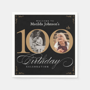 Serviette En Papier 100e anniversaire Black Gold Calligraphy Photo per