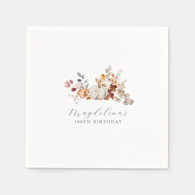 Serviette En Papier 100e anniversaire Citrouille blanc fleurs d'automn (Devant)