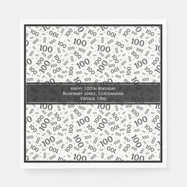 Serviette En Papier 100e anniversaire Cool numéro Motif noir/blanc (Devant)