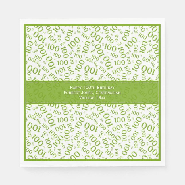 Serviette En Papier 100e anniversaire Cool Numéro Motif Vert/Blanc (Devant)