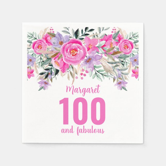Serviette En Papier 100e anniversaire fête florale rose (Devant)