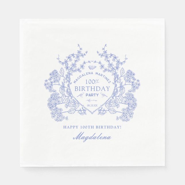 Serviette En Papier 100e anniversaire Français Blue Floral Crest Perso (Devant)