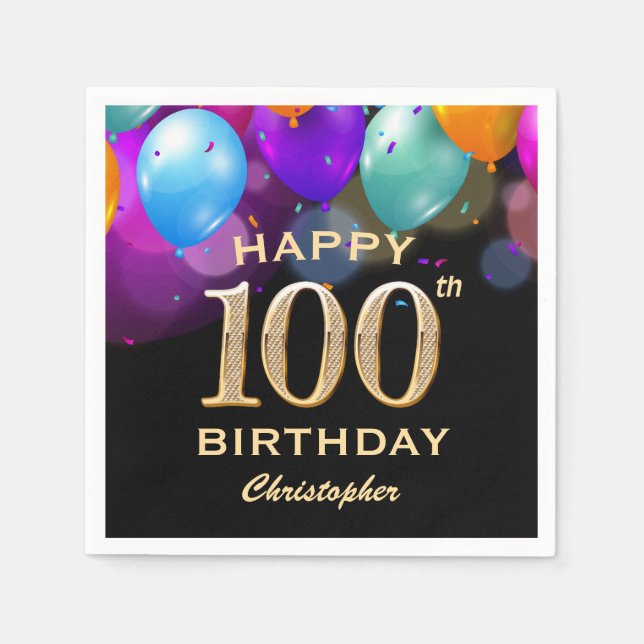 Serviette En Papier 100e fête d'anniversaire Ballons Noir et Or (Devant)