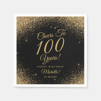 Serviette En Papier 100e fête d'anniversaire Black Gold Parties scinti