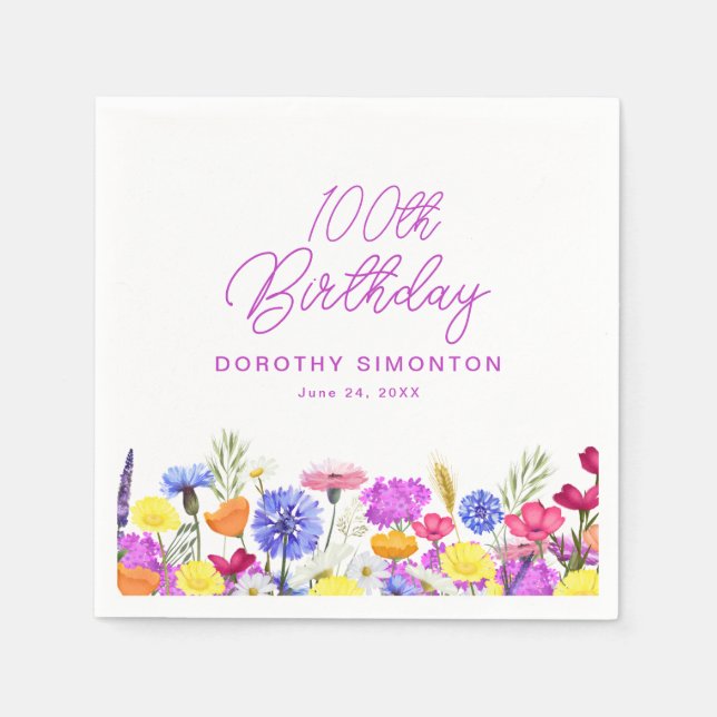 Serviette En Papier 100e fête d'anniversaire Fleur sauvage violet pers (Devant)