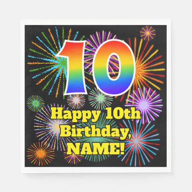Serviette En Papier 10e anniversaire : Fun Motif Fireworks + Rainbow 1 (Devant)
