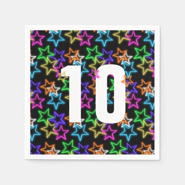 Serviette En Papier 10e Anniversaire Neon Étoiles Sur Noir (Devant)