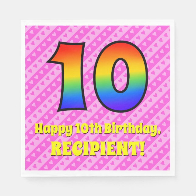 Serviette En Papier 10e anniversaire : Pink Stripes & Hearts, Arc en c (Devant)