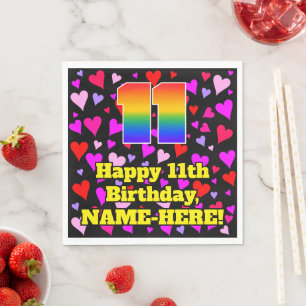 Serviette En Papier 11e anniversaire : Amour Hearts Motif, Arc-en-ciel