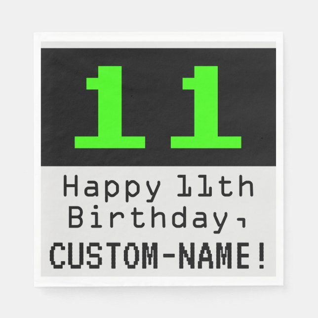 Serviette En Papier 11e anniversaire - Nerdy / Geeky Style "11" & Nom (Devant)