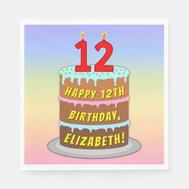 Serviette En Papier 12e anniversaire : Fun Cake and Candles + Nom pers (Devant)