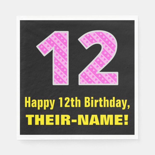 Serviette En Papier 12e anniversaire : Pink Stripes and Hearts "12" +  (Devant)