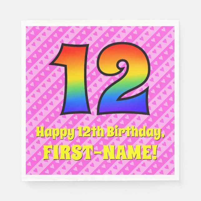 Serviette En Papier 12e anniversaire : Pink Stripes & Hearts, Arc en c (Devant)
