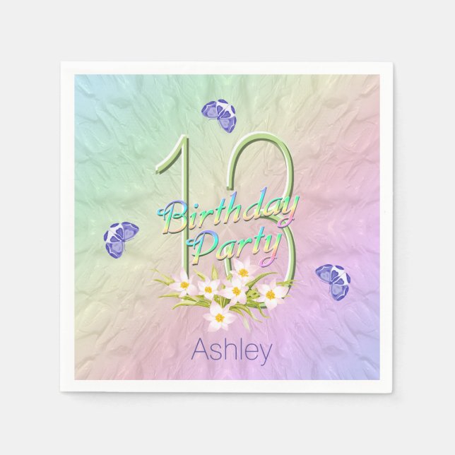 Serviette En Papier 13e anniversaire papillons et Fleurs sauvages (Devant)