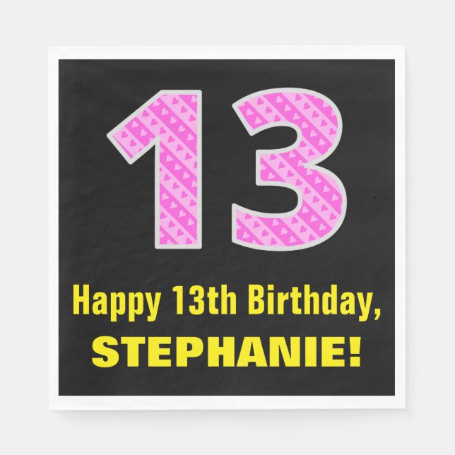 Serviette En Papier 13ème anniversaire : Pink Stripes and Hearts "13"  (Devant)