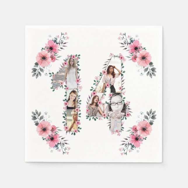 Serviette En Papier 14e anniversaire fille Fleur Photo Collage blanc (Devant)
