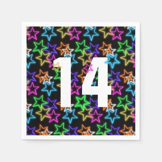 Serviette En Papier 14e Anniversaire Neon Étoiles Sur Noir (Devant)