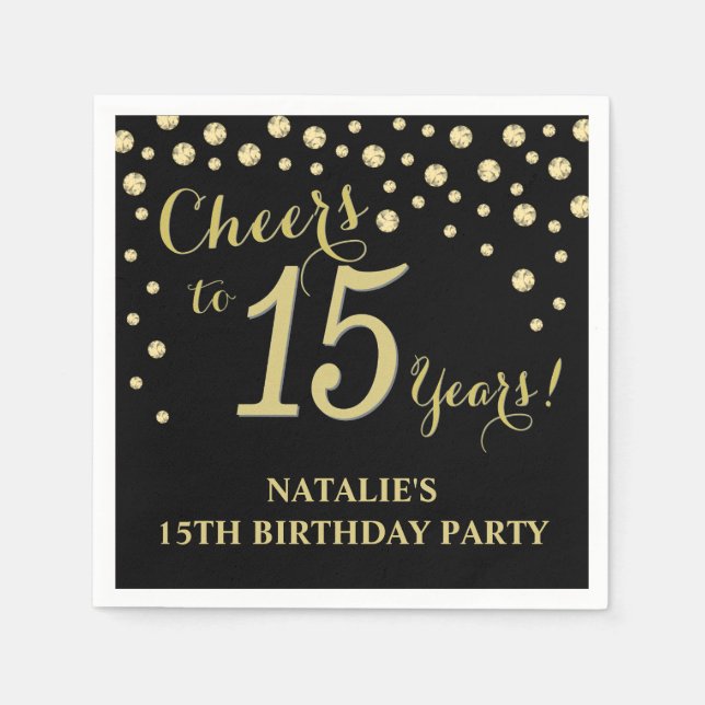Serviette En Papier 15e anniversaire de fête Black and Gold Diamond Na (Devant)