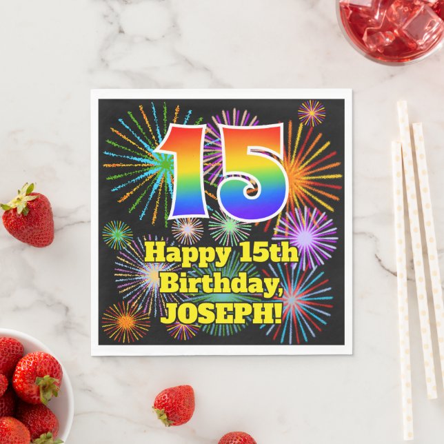Serviette En Papier 15e anniversaire : Fun Motif feux d'artifice + Arc (En situation)