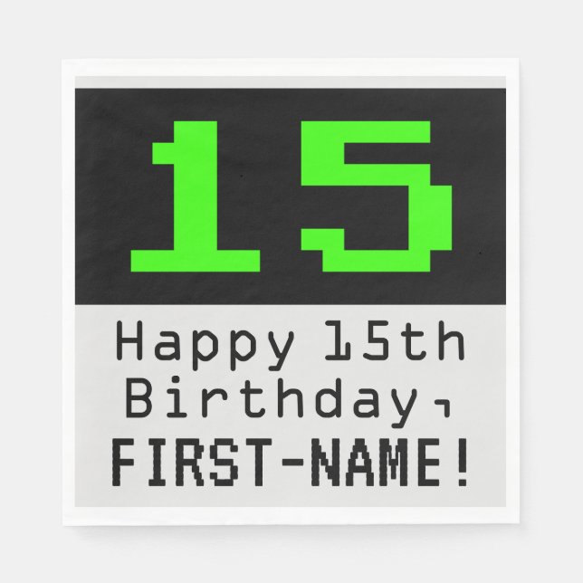 Serviette En Papier 15e anniversaire - Nerdy / Geeky Style "15" & Nom (Devant)
