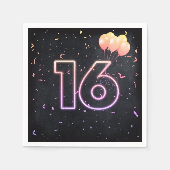Serviette En Papier 16e anniversaire néon Connexion serviettes noires (Devant)
