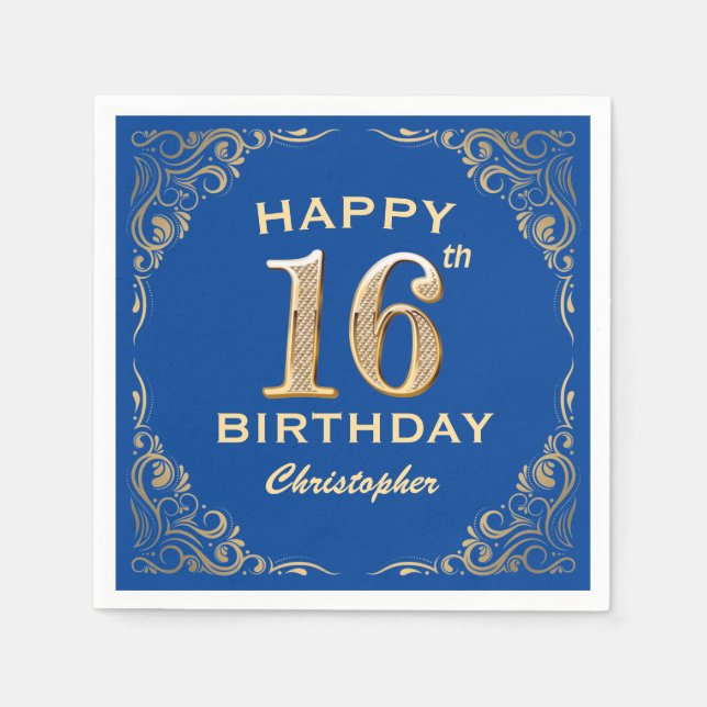 Serviette En Papier 16e anniversaire Parties scintillant bleue et or c (Devant)