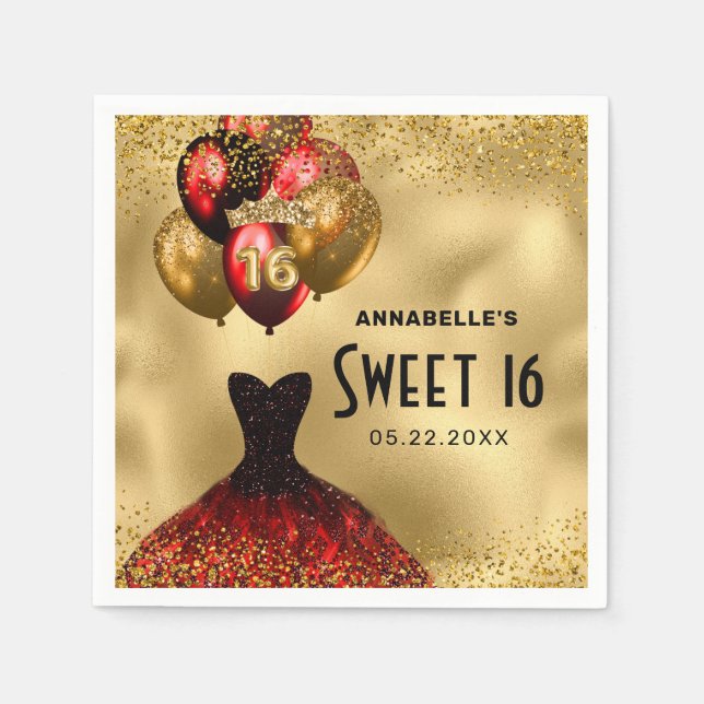 Serviette En Papier 16e anniversaire Parties scintillant d'or Robe rou (Devant)