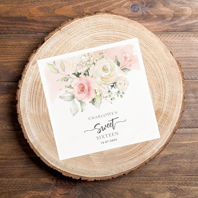 Serviette En Papier 16e anniversaire Pink Floral Party Papier (Pink Floral Sweet 16th Birthday Paper Napkin)