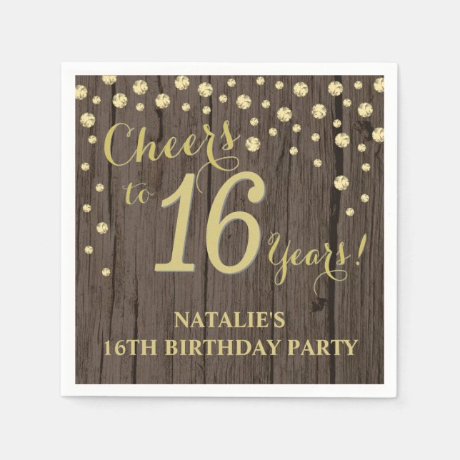 Serviette En Papier 16e fête d'anniversaire Bois rustique et Diamant d (Devant)