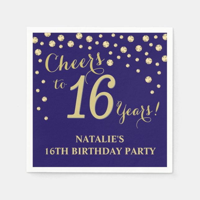 Serviette En Papier 16e fête d'anniversaire Navu Blue et Gold Diamond (Devant)