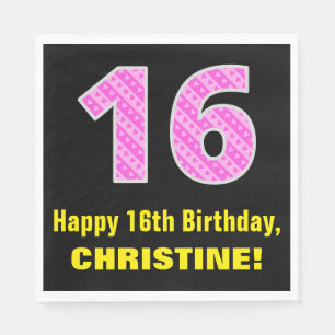 Serviette En Papier 16ème anniversaire : Pink Stripes and Hearts "16"
