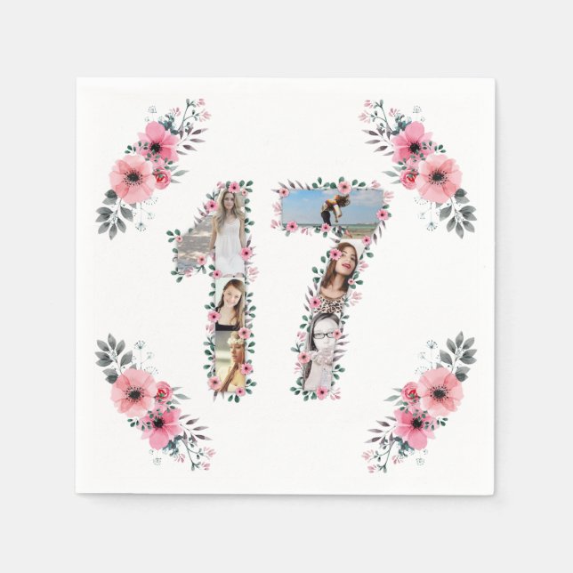 Serviette En Papier 17e anniversaire fille Fleur Photo Collage blanc (Devant)