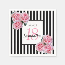 Serviette En Papier 18e anniversaire rose roses noir blanc rayures