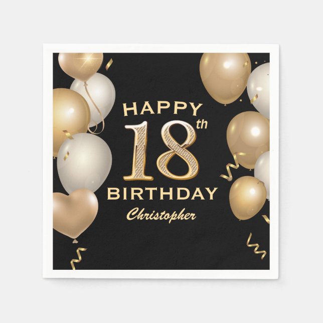 Serviette En Papier 18e fête d'anniversaire Ballons noirs et or (Devant)