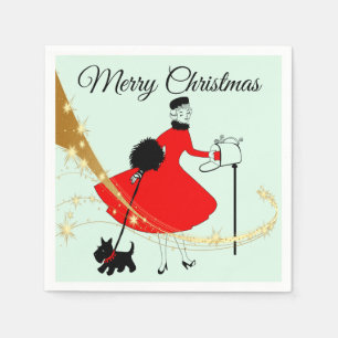Serviette En Papier 1950 Noël Vintage Lady avec Terrier Écossais