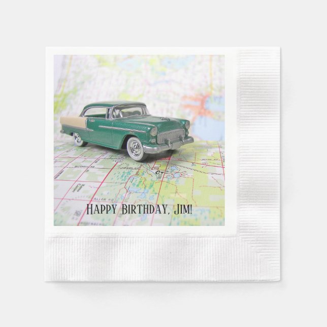 Serviette En Papier 1955 : Une voiture sur une carte routière (Devant)