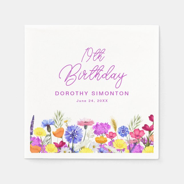 Serviette En Papier 19e anniversaire fête violet Fleur sauvage personn (Devant)