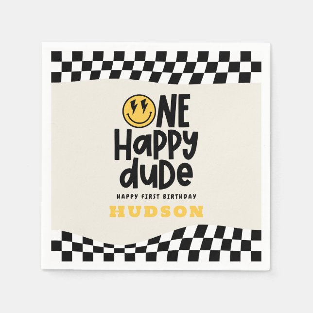 Serviette En Papier 1anniversaire sourire visage rétro noir blanc supe (Devant)