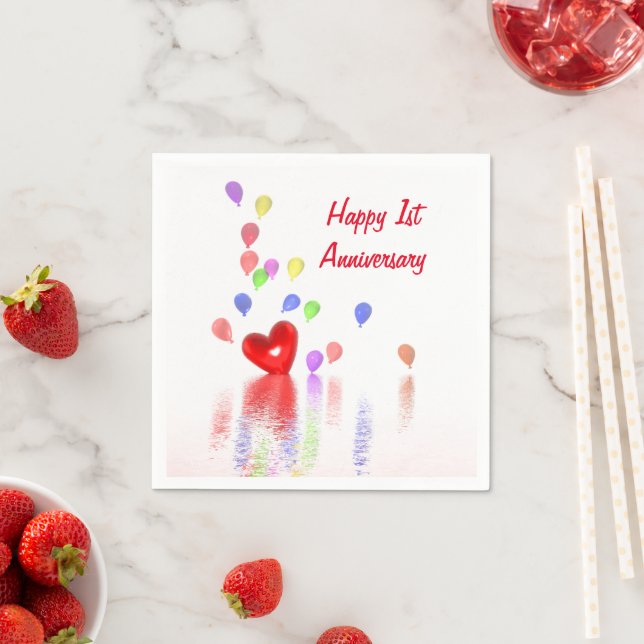 Serviette En Papier 1er Anniversaire Coeur rouge et ballons (En situation)