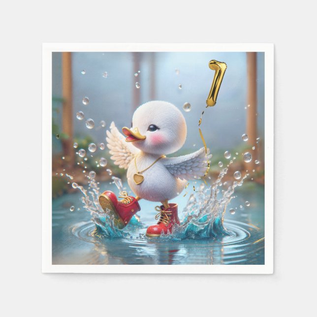 Serviette En Papier 1er anniversaire Duck Dancing In the Rain Puddle (Devant)