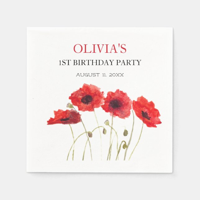 Serviette En Papier 1er Anniversaire Fête Poppies Bébé Fille (Devant)